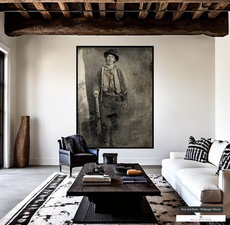 Vintage Billy the Kid cowboy mural on lux textured woven fabric wallpaper.