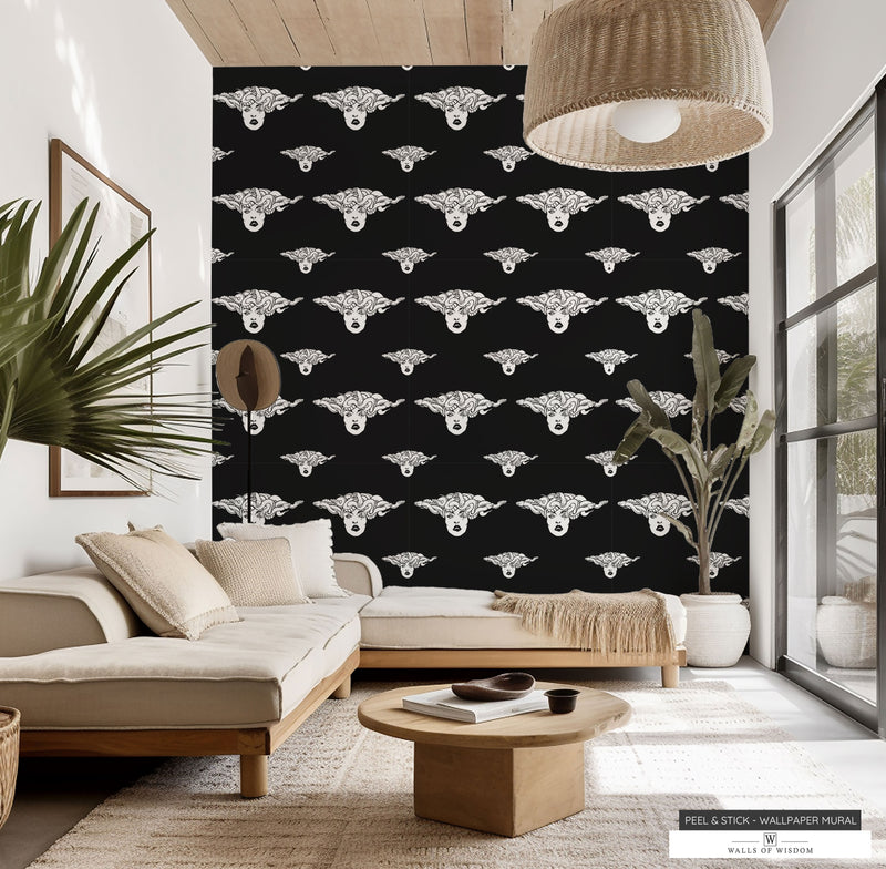 Luxurious Black Background Wallpaper Featuring Feminine White Medusa - Peelable
