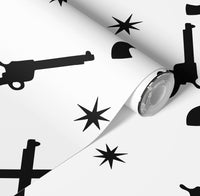 Minimalist Black and White Retro Western Wallpaper with Pistols and Stars Design