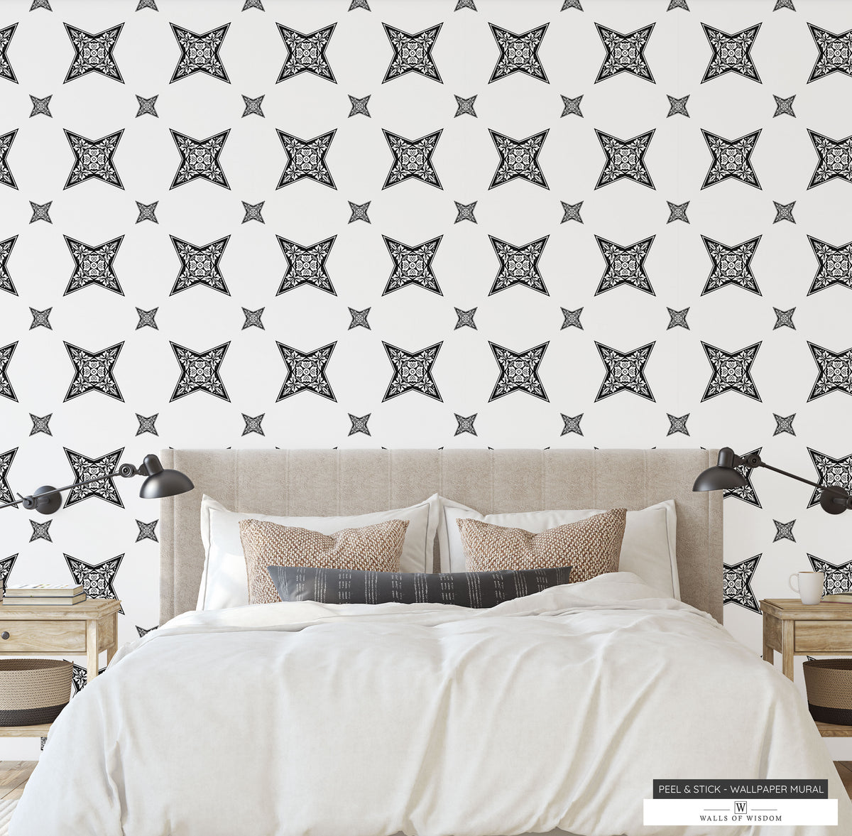 Elegant black and white wallpaper with vintage star centerpiece for modern farmhouse decor.