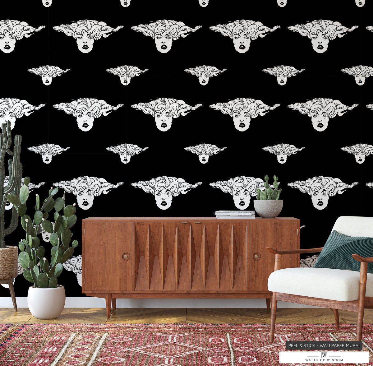 Best Peel and Stick Black Wallpaper with White Medusa Head for Designer Homes
