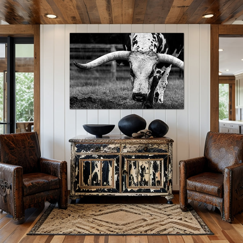 Bold black-and-white Longhorn wall art for ranch and lodge-style homes.