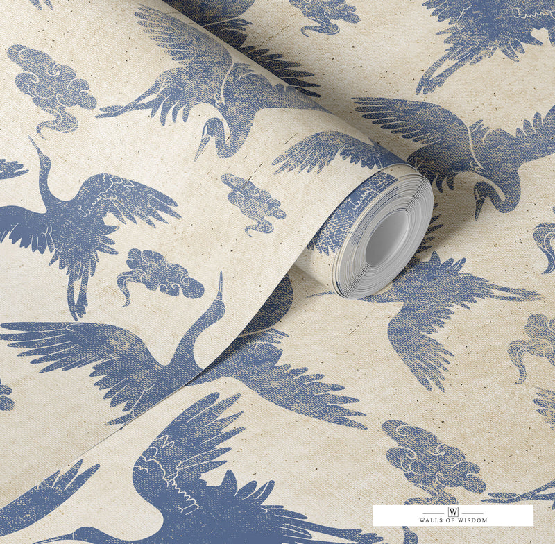 ranquil Cranes Peel & Stick Wallpaper with Distressed Texture in Blue and Beige