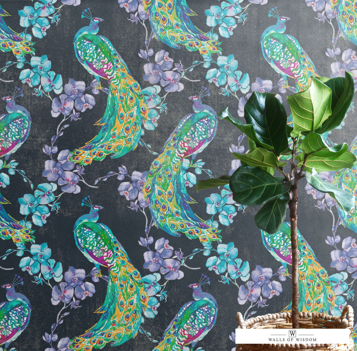 Bright and bold colors of the peel and stick peacock wallpaper in a maximalist decor setting