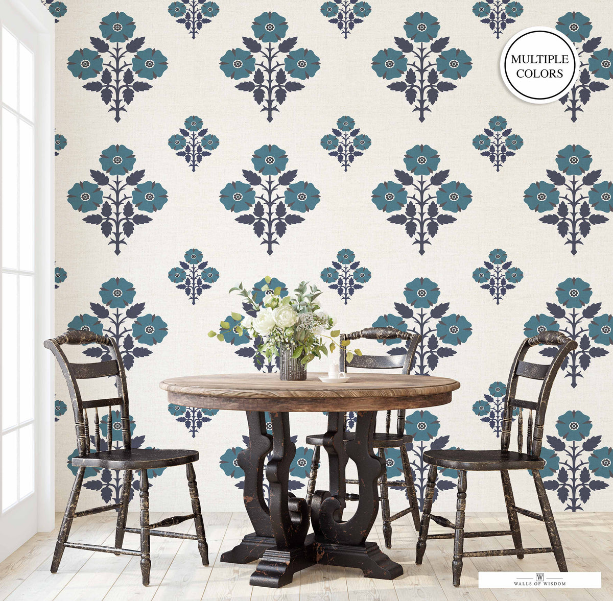 Steel Blue and Grey Peel & Stick Wallpaper with modern floral patterns, adding a serene touch to bedrooms