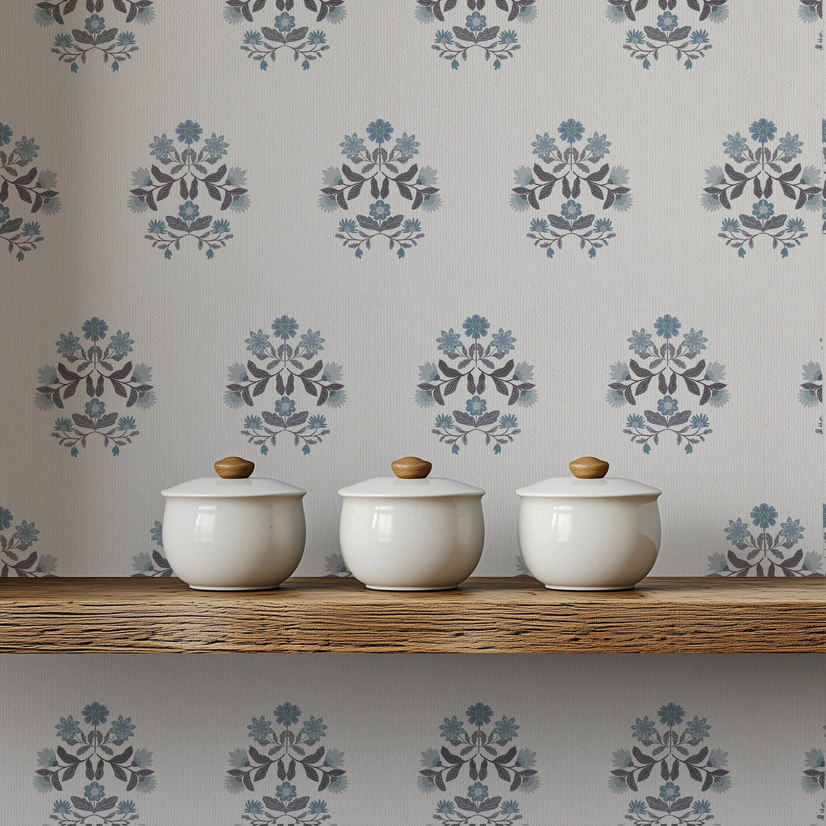 Wildflower Harvest Blue peel and stick wallpaper with vintage floral block design on a cream background.