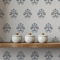Wildflower Harvest Blue peel and stick wallpaper with vintage floral block design on a cream background.