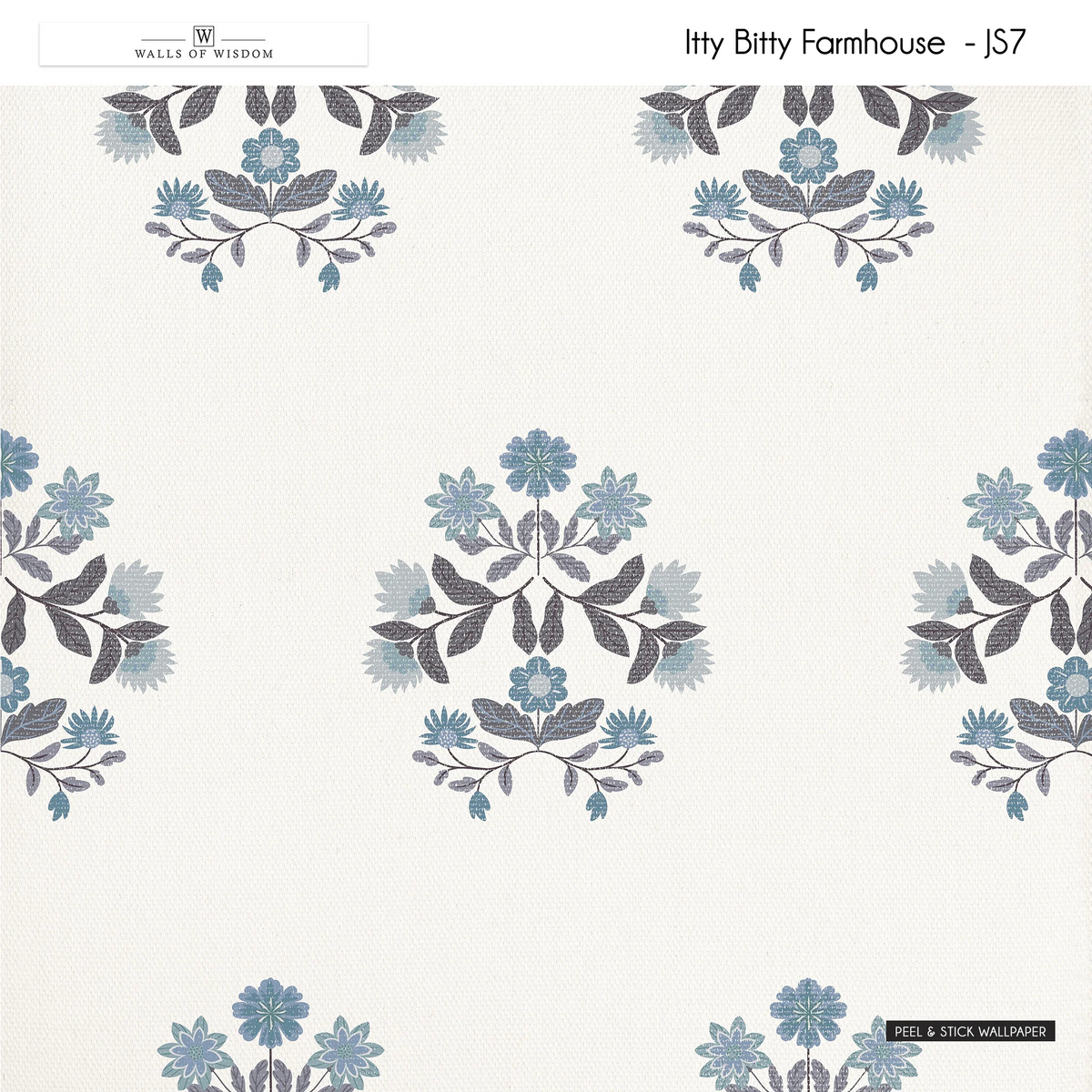 Cottage farmhouse floral wallpaper in country blue and muted grey tones.