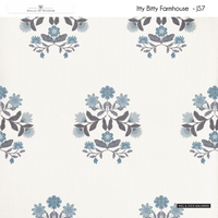 Cottage farmhouse floral wallpaper in country blue and muted grey tones.