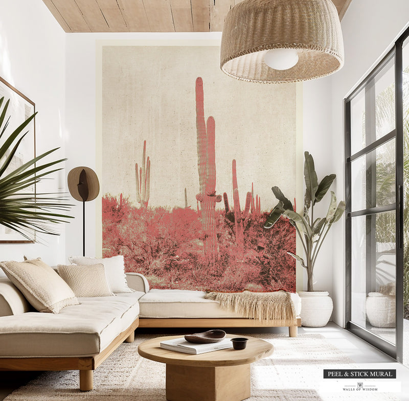 Desert Cactus Mural in Black and White with Pink Accents for Boho Decor.