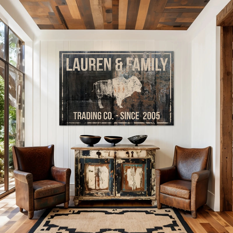 Western Boho rusty black metal canvas with american buffalo bison. Last name sign for family.