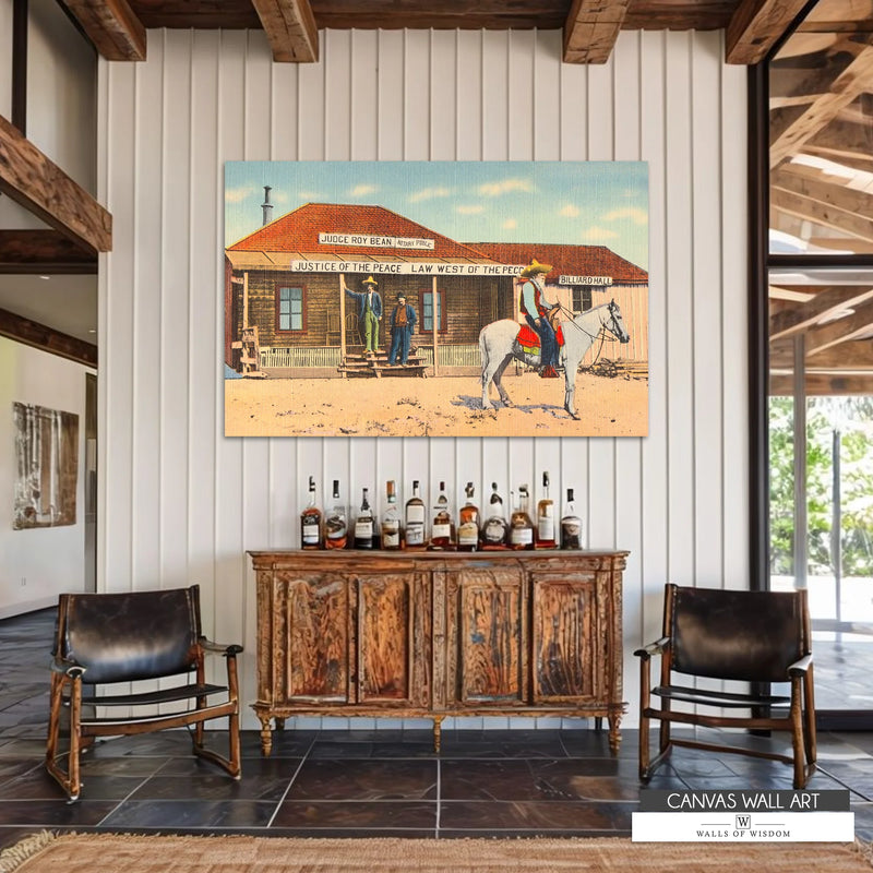 Vintage Western portrait of Judge Roy Bean outside Texas saloon home bar