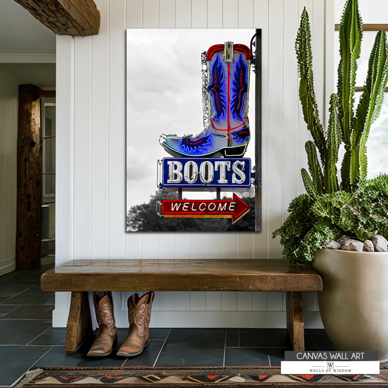 Boots Welcome neon cowboy canvas print featuring a vibrant Ft. Worth Stockyards boot sign in black and white with bold neon accents.