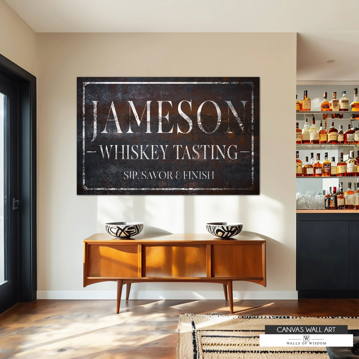 Custom Western whiskey sign canvas with black distressed background and white vintage lettering