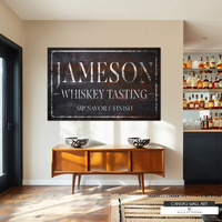 Custom Western whiskey sign canvas with black distressed background and white vintage lettering