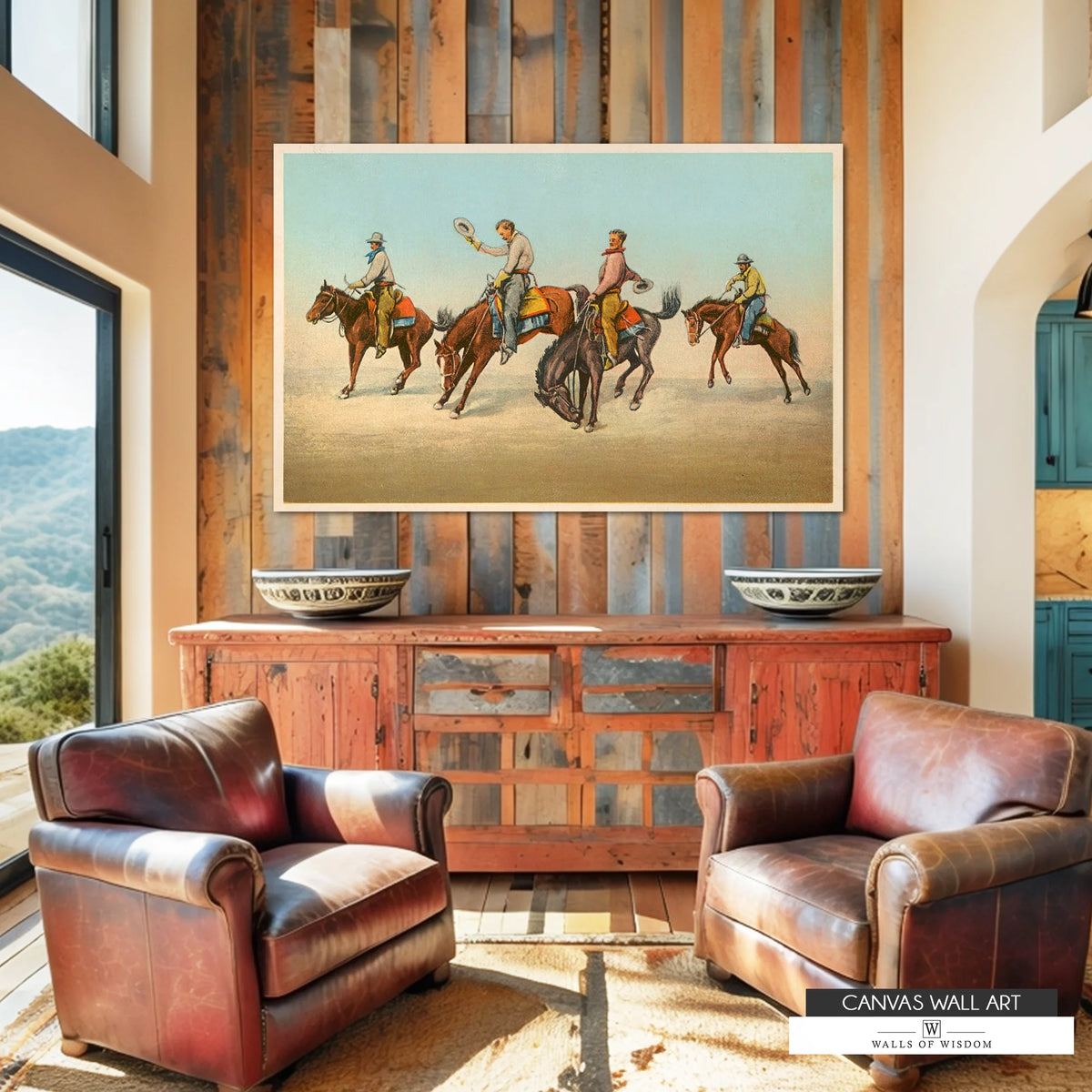 Historic rodeo cowboy canvas print showing cowboys on bucking broncos, vintage Western art. Modern Cowboy decor in color. 