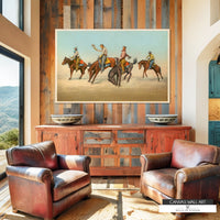 Historic rodeo cowboy canvas print showing cowboys on bucking broncos, vintage Western art. Modern Cowboy decor in color. 