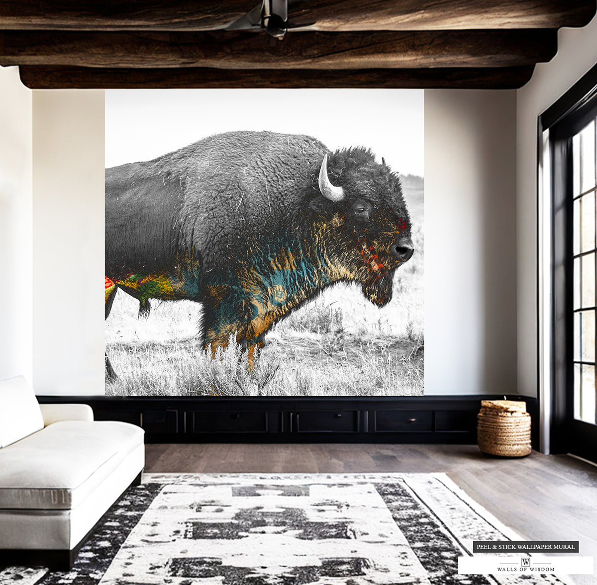 Apartment-friendly large wall mural featuring an American buffalo with Native accents.