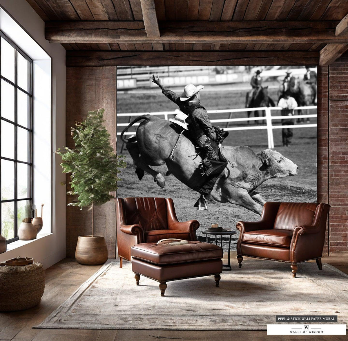Protection Mural Box Rodeo Mid-Air Bull Rider Rodeo Mural - Black & White Western Decor Wallpaper ...