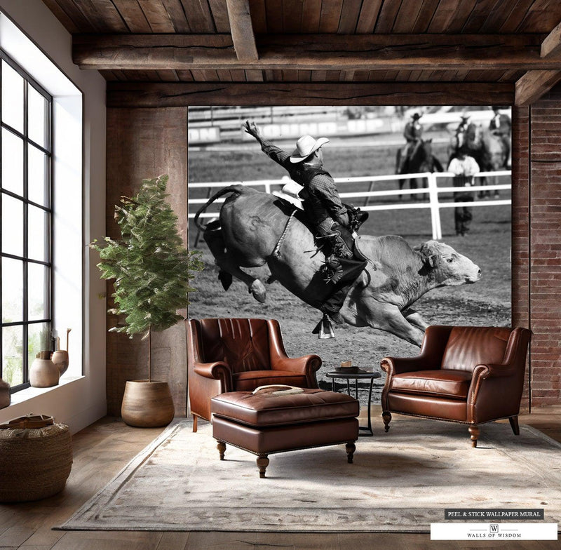 Mid-Air Bull Rider Rodeo Mural - Black & White Western Decor Wallpaper ...