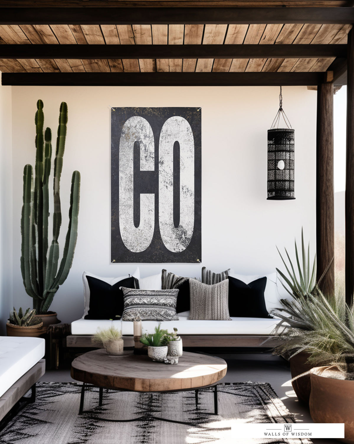 Rustic 'CO' backyard bar grill art on a weatherproof vinyl banner, capturing the essence of Colorado outdoor living