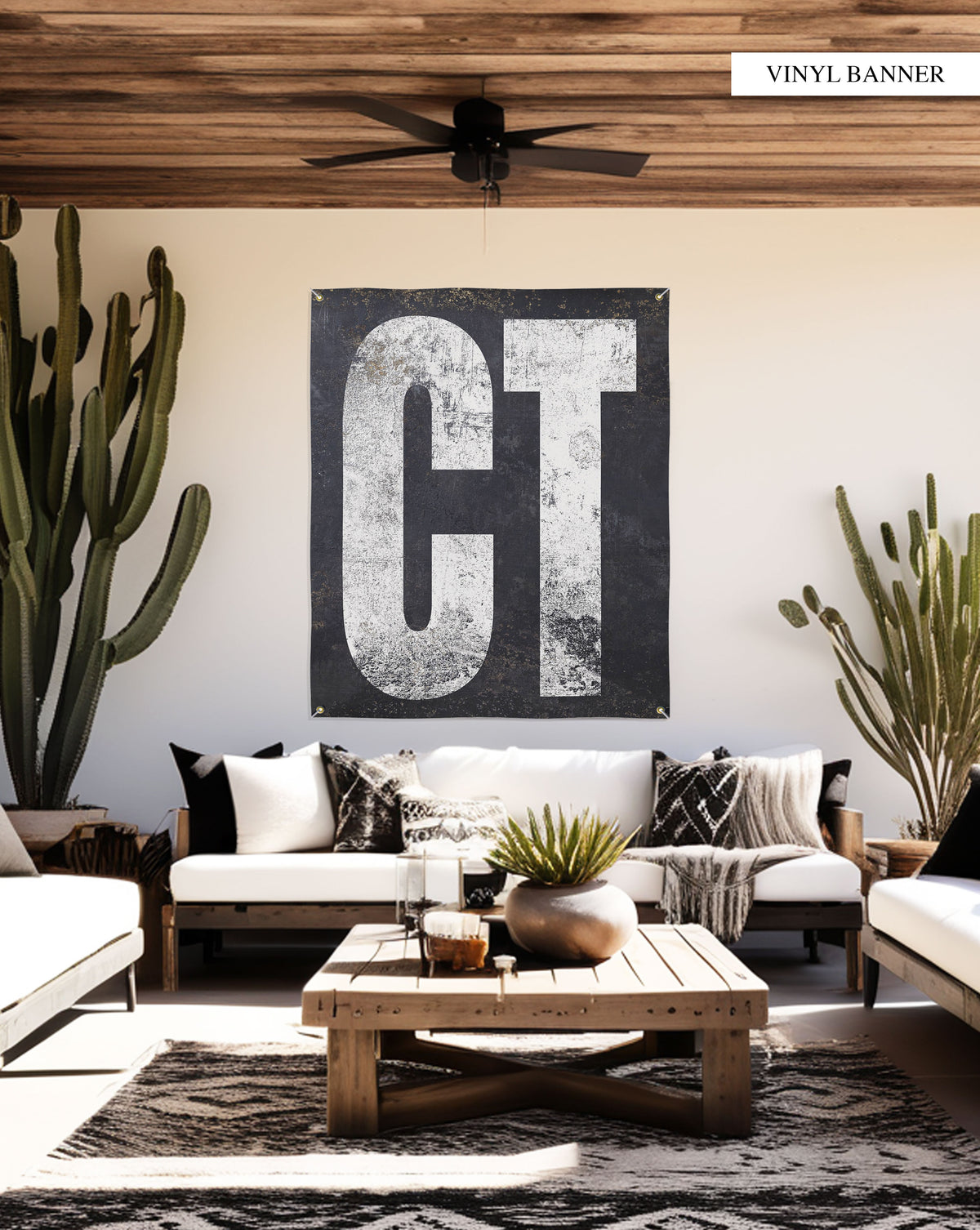 "Elegant Connecticut Typography Print Vinyl Tapestry: Perfect for enhancing any home bar or garden, this custom state decor piece makes a memorable moving state gift, blending style with outdoor durability."