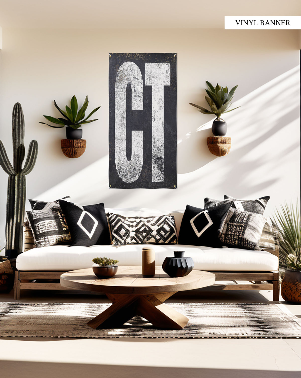 "Connecticut State Decor Vinyl Tapestry: A stunning outdoor patio accent featuring bold typography print, ideal for celebrating Connecticut pride in gardens or as a thoughtful moving state gift."