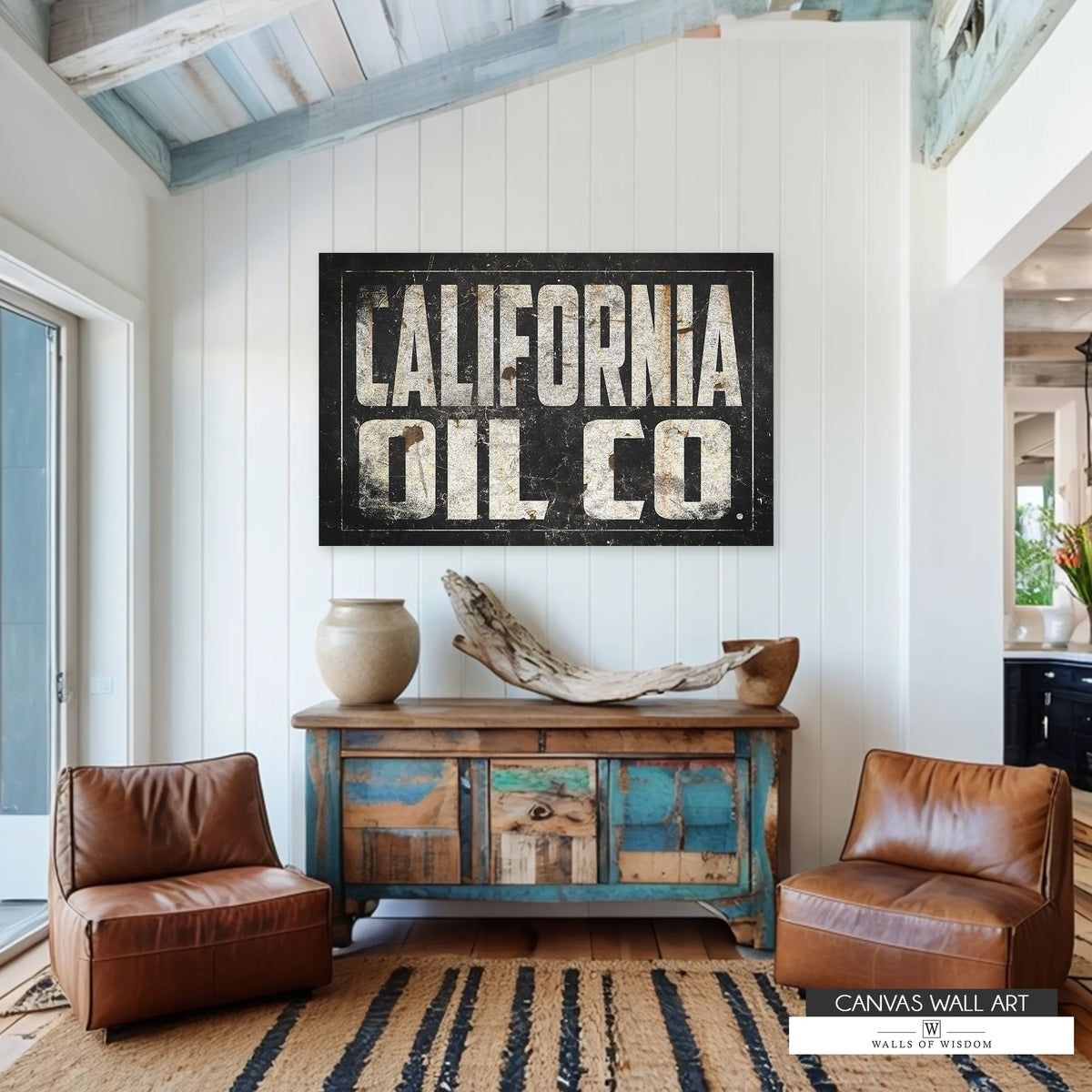 Vintage-inspired California Oil Co. wall art blending cowboy charm with a rugged Western aesthetic.