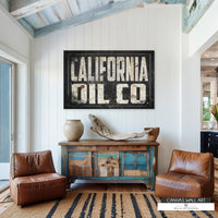 Vintage-inspired California Oil Co. wall art blending cowboy charm with a rugged Western aesthetic.