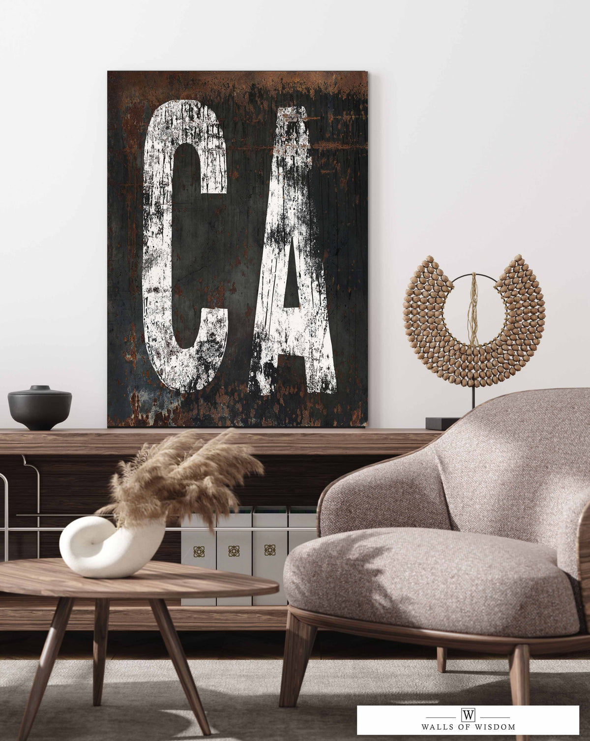 Distressed Rusted California Canvas Art showcasing a weathered farmhouse appeal with intricate aging details, perfect for rustic decor.