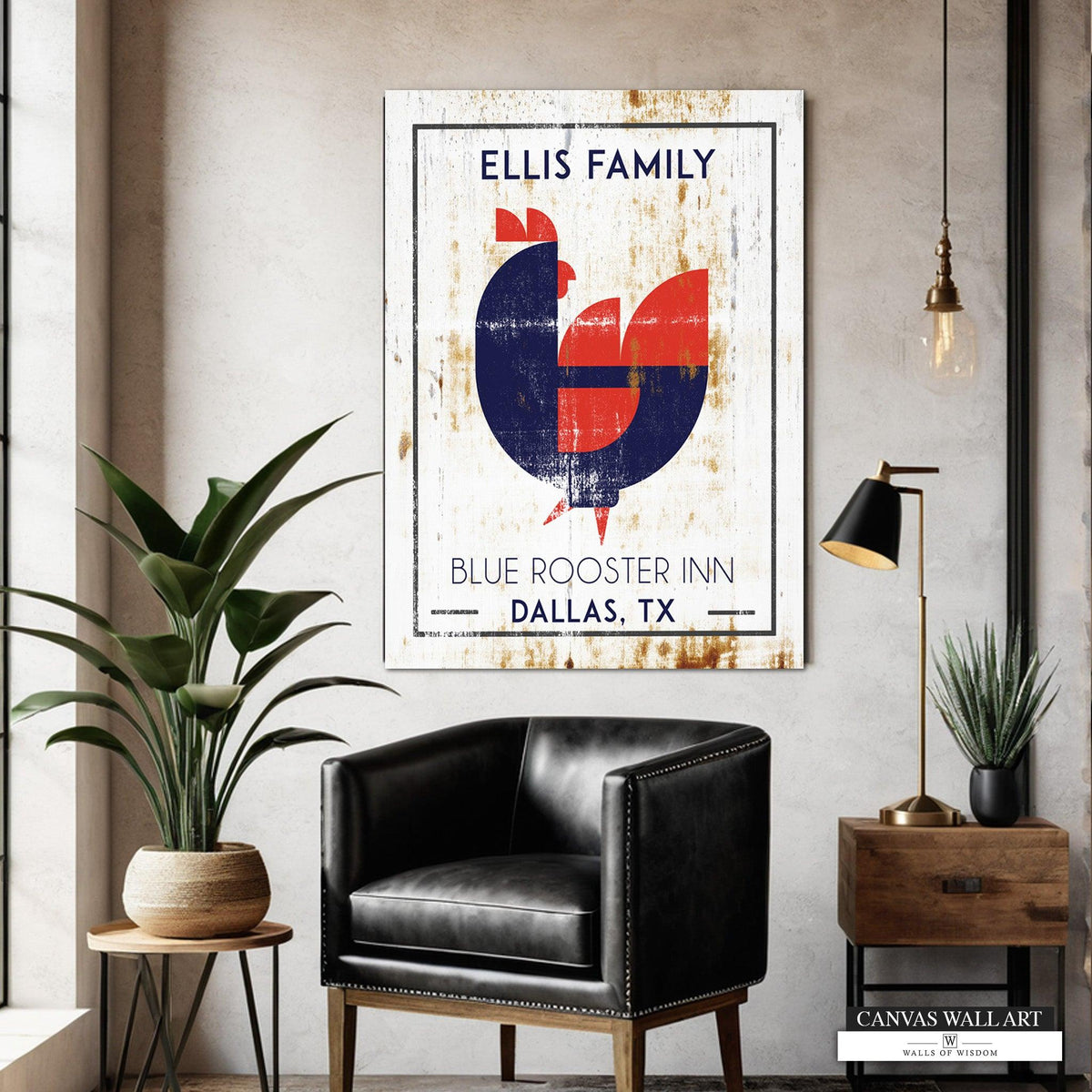 Custom Name Rooster Sign with Creamy White Rusty Metal Canvas