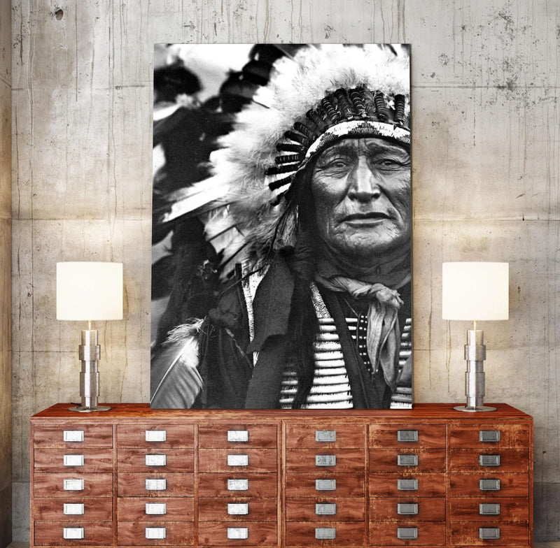 Chief Iron Shell in headdress western wall art photo art in black and white. 