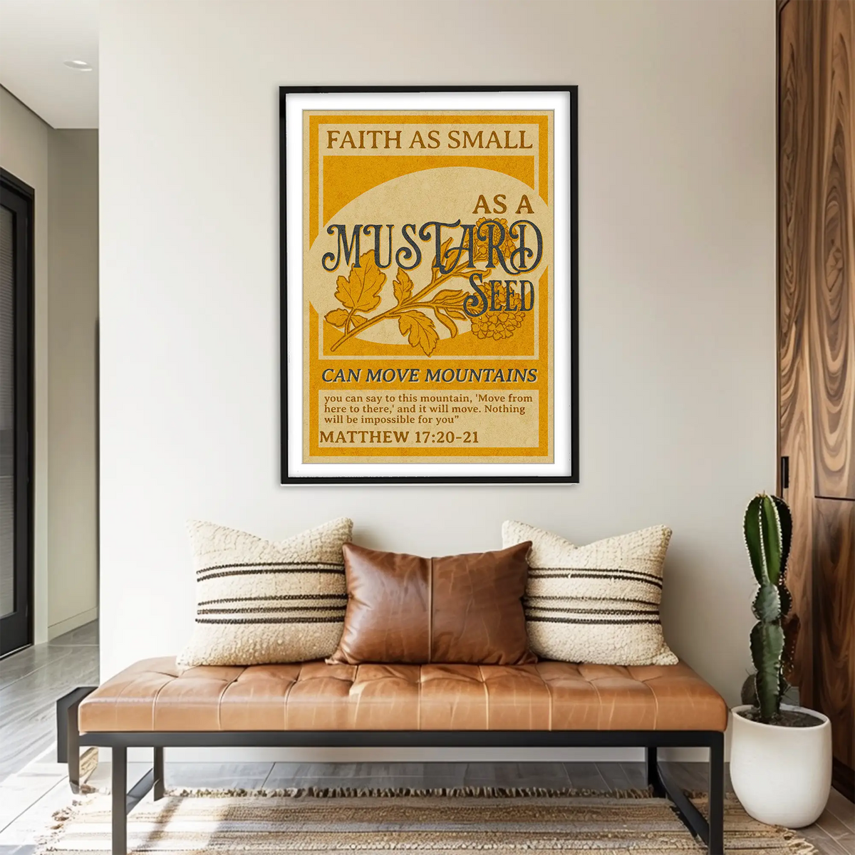 Vintage Christian poster with Matthew 17:20 verse in mustard and beige tones