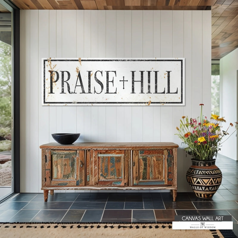 Western cottage farmhouse wall art with a rustic Christian church sign design in charcoal gray and cream.