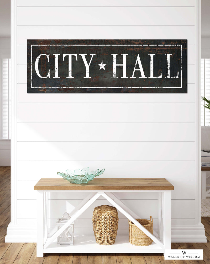 City Hall Weathered Canvas Sign - Old Style Town Hall Living Area Wall Decor