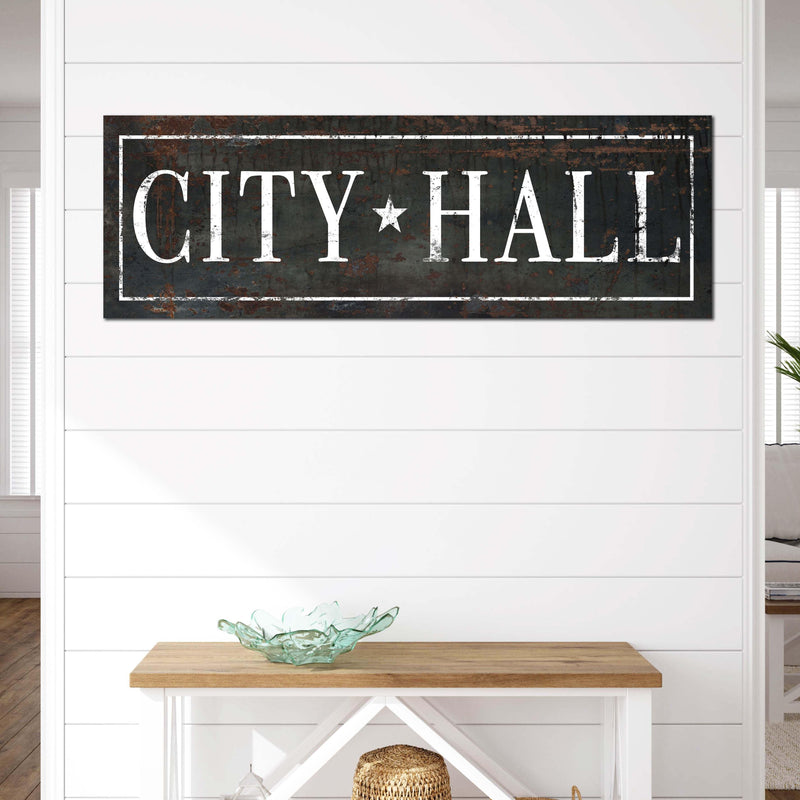 Rustic Western wall art featuring a weathered city hall sign, ideal for cowboy saloons, home bars, and farmhouse porches.