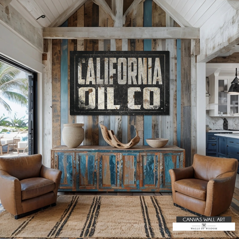 California Oil Co. vintage canvas featuring a coastal cowboy-style oilfield sign with Western appeal.