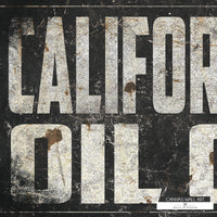 Rustic California oil industry canvas print with aged lettering, perfect for man caves and ranch homes.