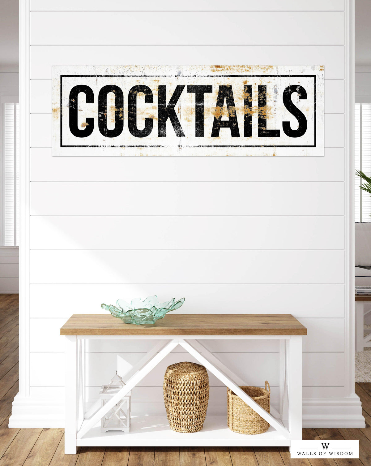 White Art Deco " Cocktails"  Bar Sign Canvas Wall Art  - Industrial Loft Bar & Lounge Decor