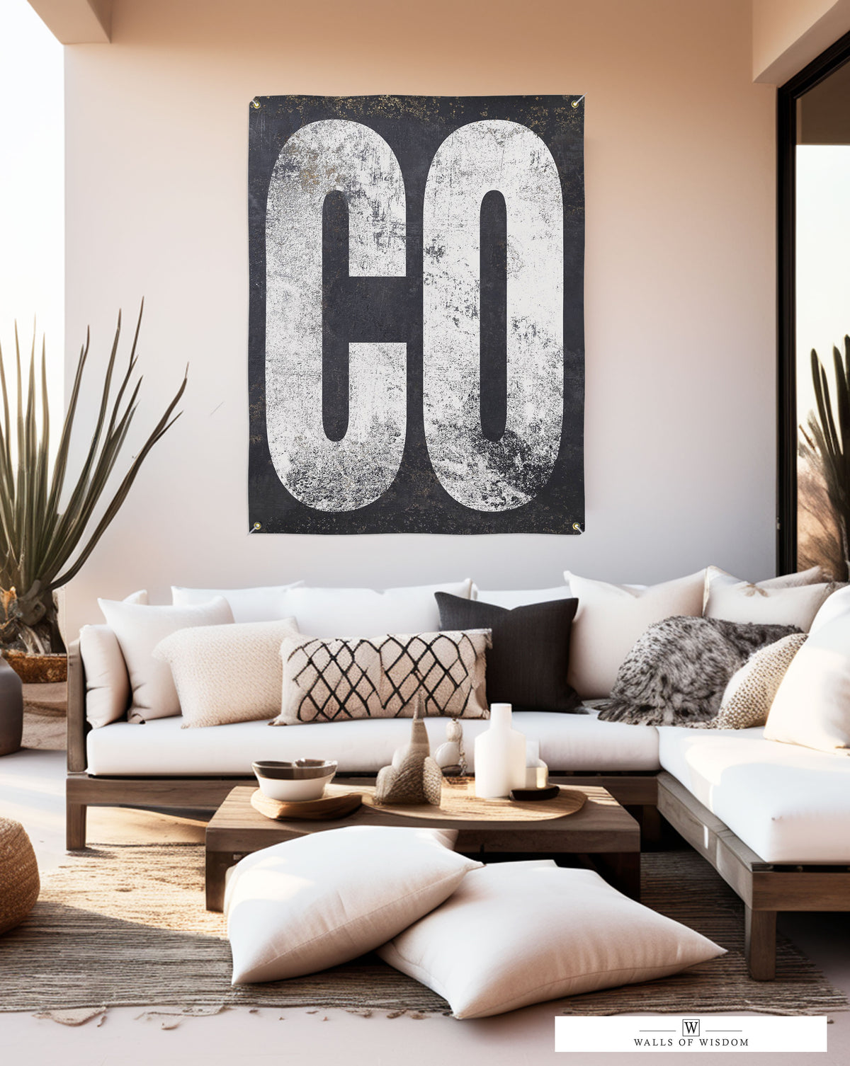 Western boho porch decor with 'CO' design, a weatherproof vinyl banner ideal for showcasing Colorado state pride outdoors.
