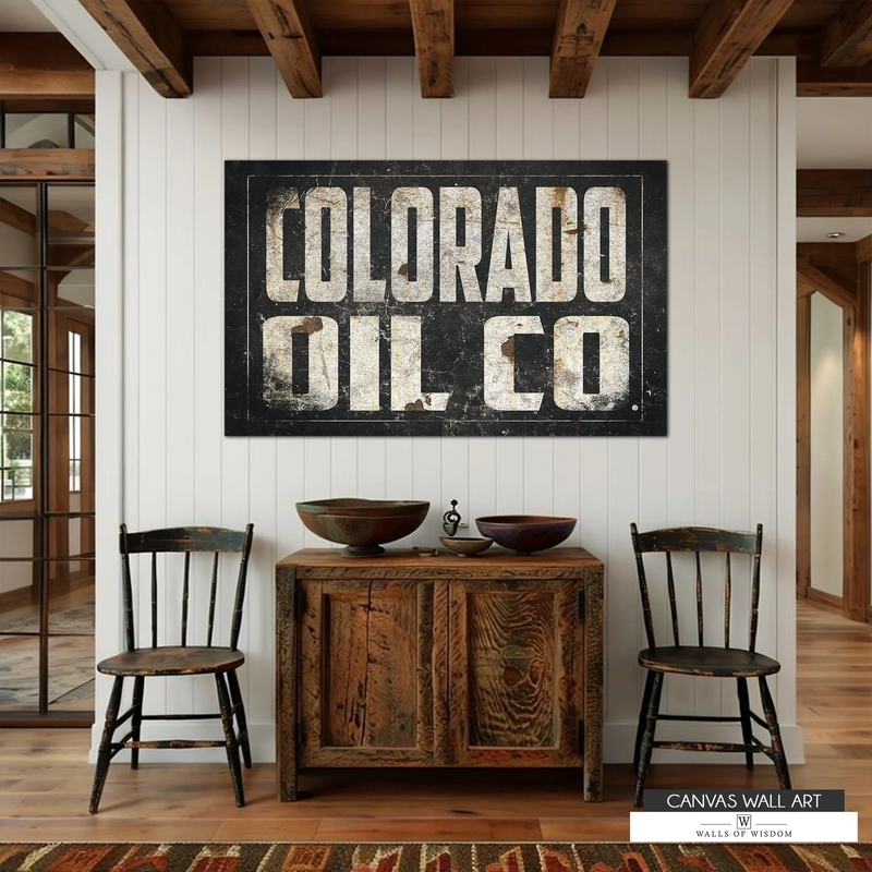 Aged oil industry wall art print with a black background and off-white typography, perfect for rugged decor.