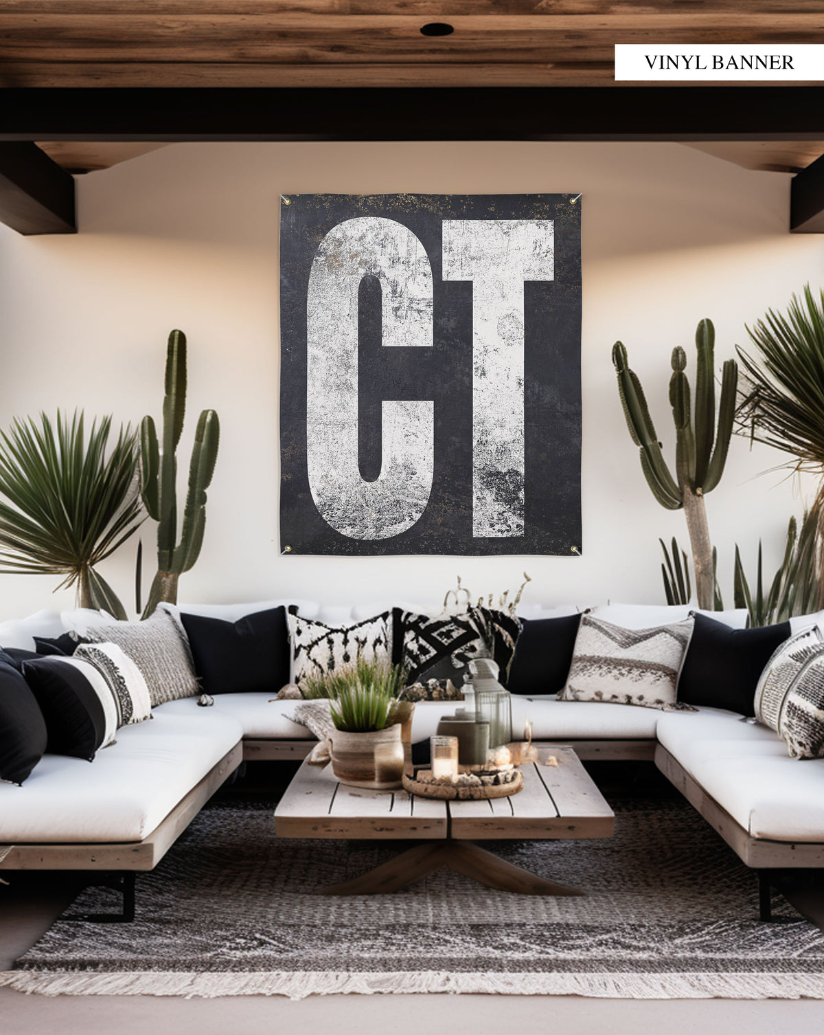 "Chic Outdoor Patio Decor Vinyl Tapestry for Connecticut: With its eye-catching typography, this tapestry adds a personalized touch to gardens or home bars, serving as a durable tribute to Connecticut’s charm."