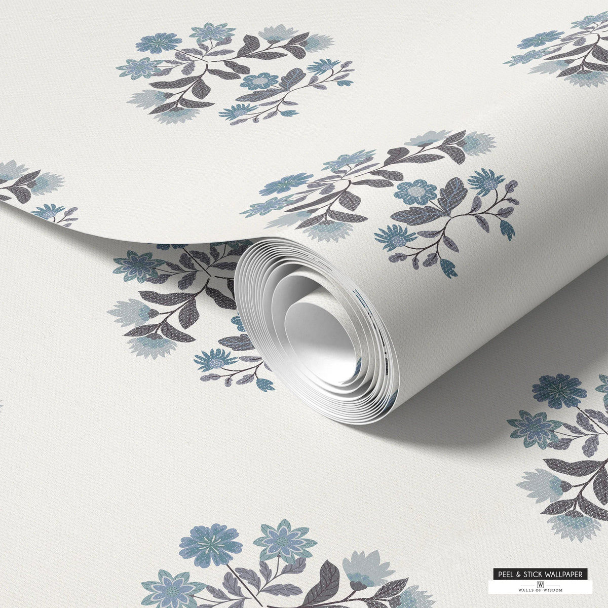 Renter-friendly cottage core wallpaper with blue floral accents for farmhouse decor.