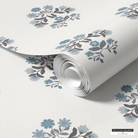 Renter-friendly cottage core wallpaper with blue floral accents for farmhouse decor.