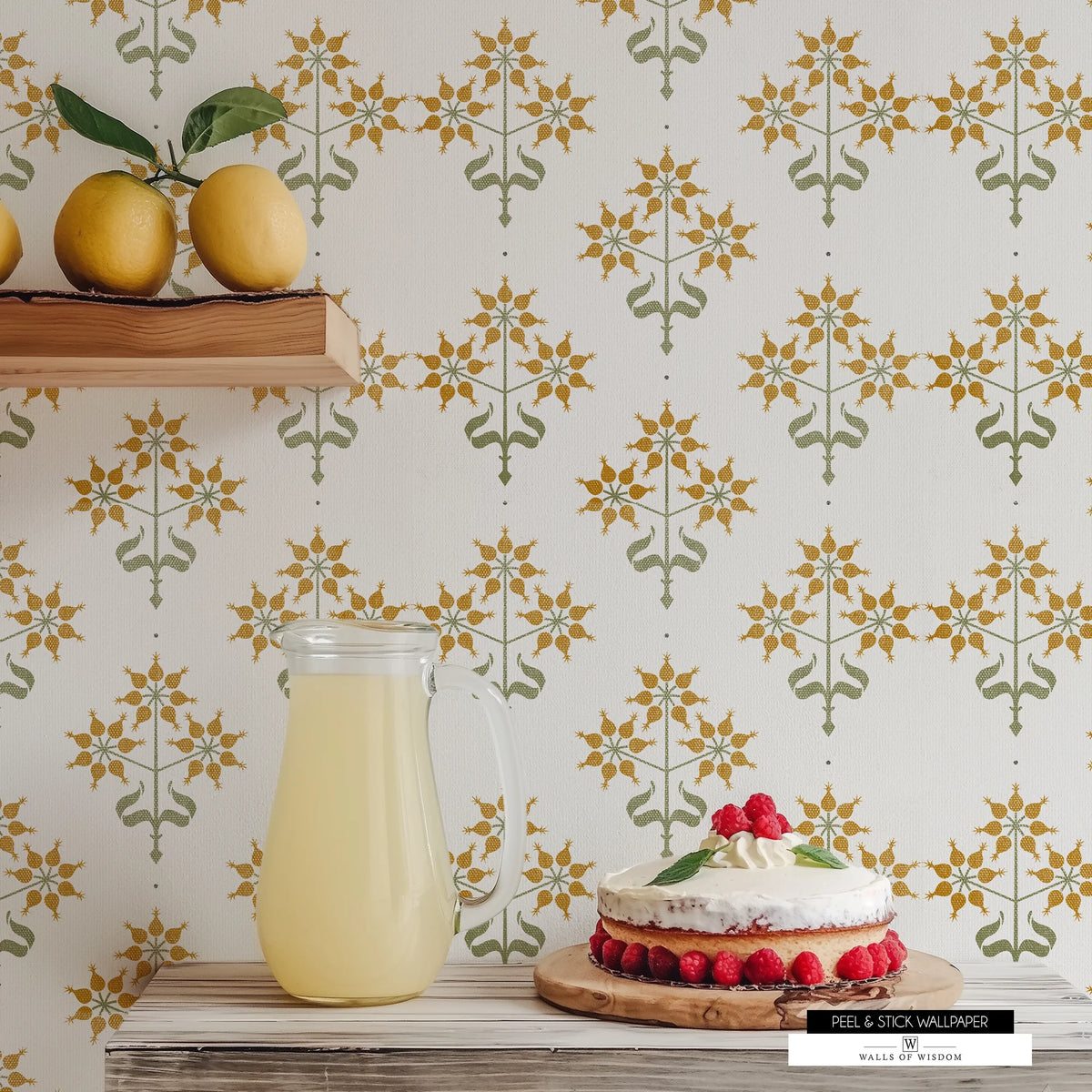 Country living wallpaper with a mustard and sage floral block design, perfect for kitchens or dining rooms.