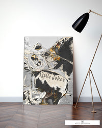 Modern Artistic Interpretation of Cowboy and Horse on Canvas in Black, White, and Rust Orange