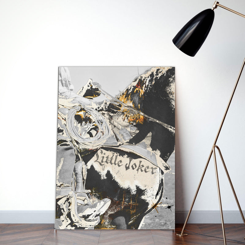 Modern Artistic Interpretation of Cowboy and Horse on Canvas in Black, White, and Rust Orange