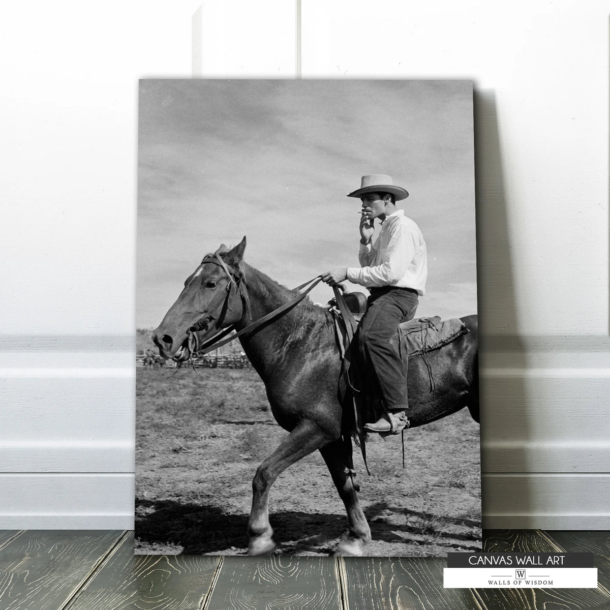 Black and white cowboy canvas print featuring a smoking cowboy on horseback.