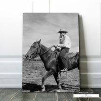 Black and white cowboy canvas print featuring a smoking cowboy on horseback.