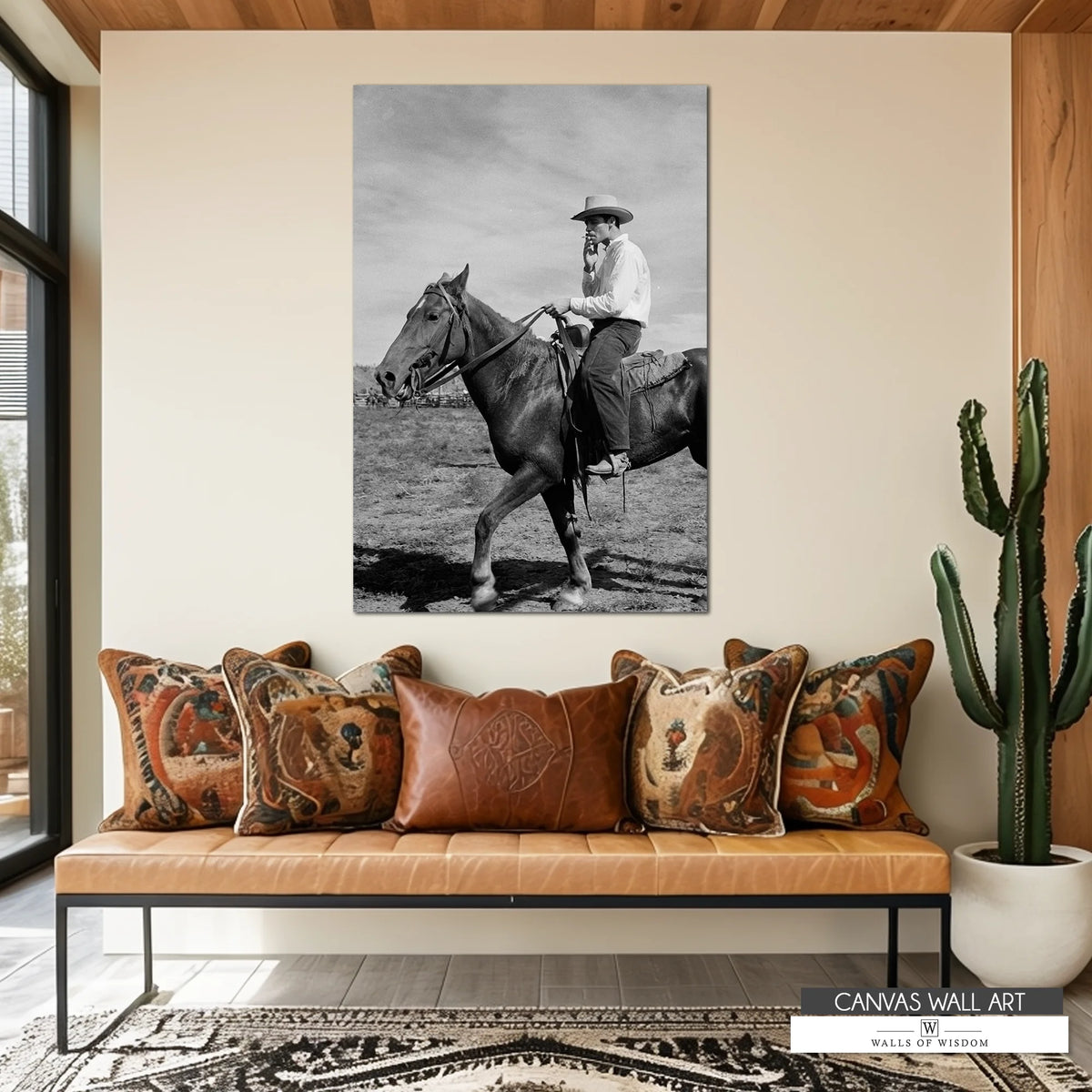 Western-themed wall art with a vintage rodeo cowboy in a rugged pose.